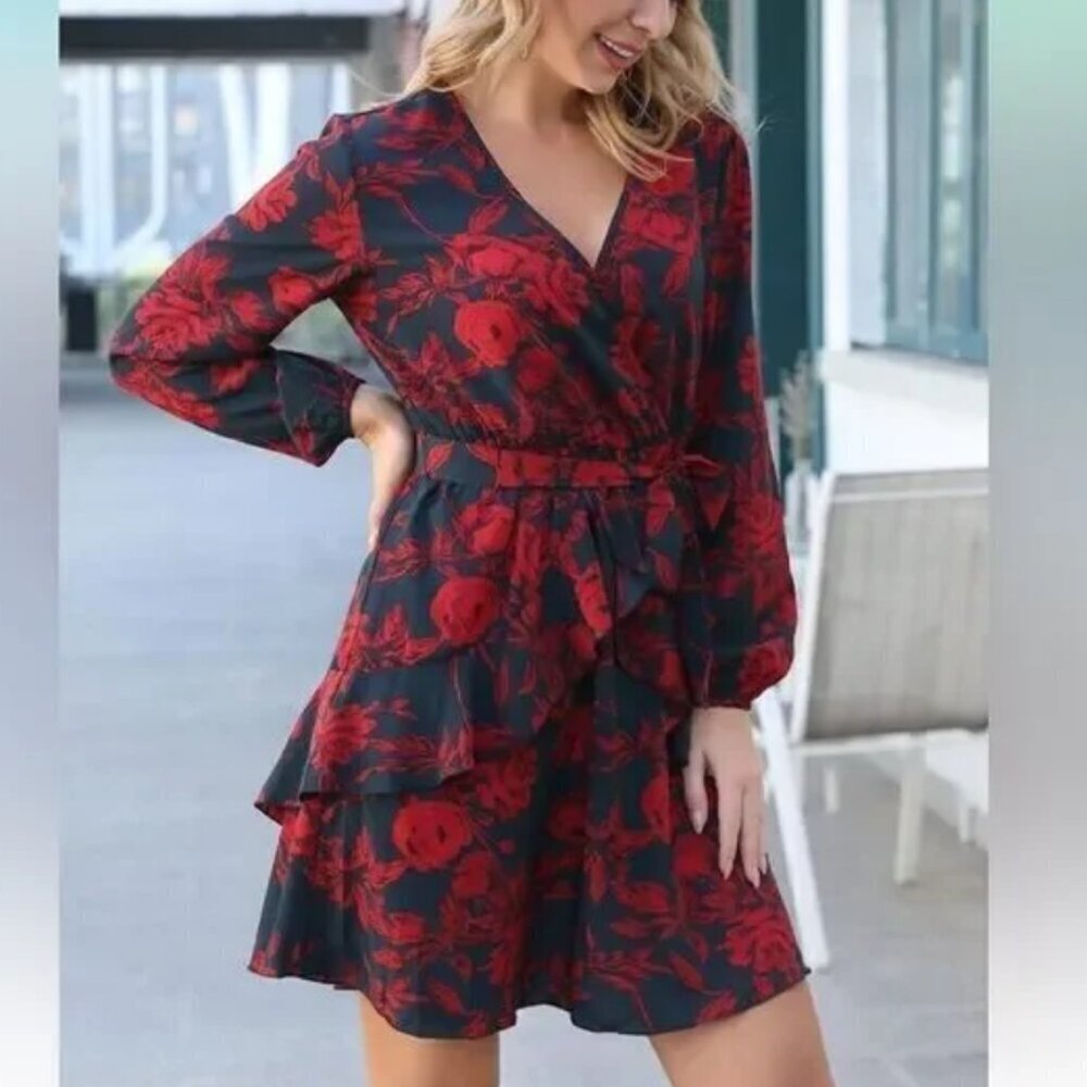 Uguest Long Sleeve Surplice V-Neck Red & Charcoal Floral Ruffle Dress Size M